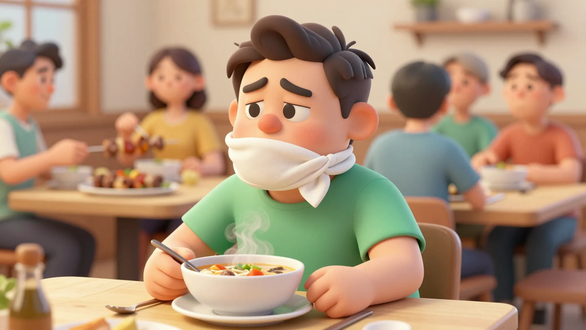 A funny cartoon illustration of a man with a very swollen ch...