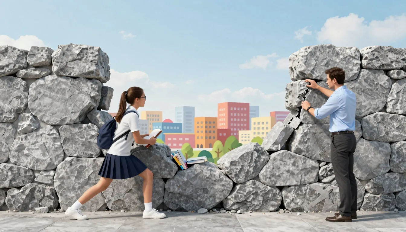 An artistic representation of a student and teacher breaking...