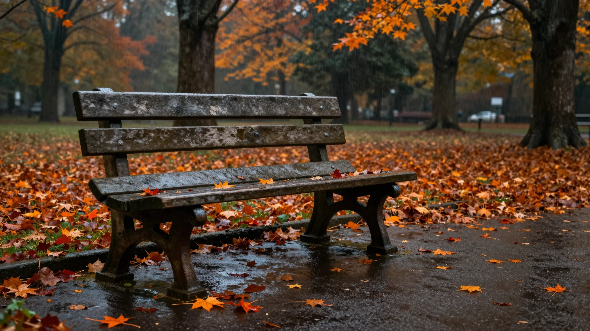 A lonely, old wooden bench in a rainy autumn park. The bench...