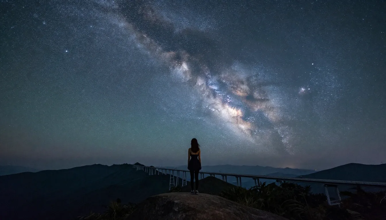 Epic night landscape with a girl standing on a mountain summ...