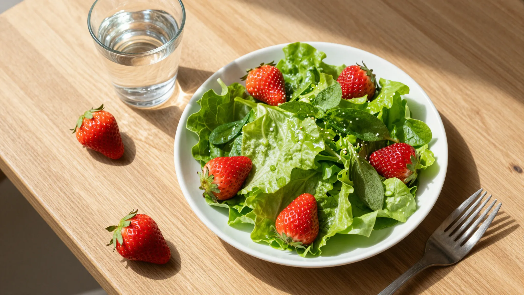A beautifully set wooden table with a healthy green salad, f...