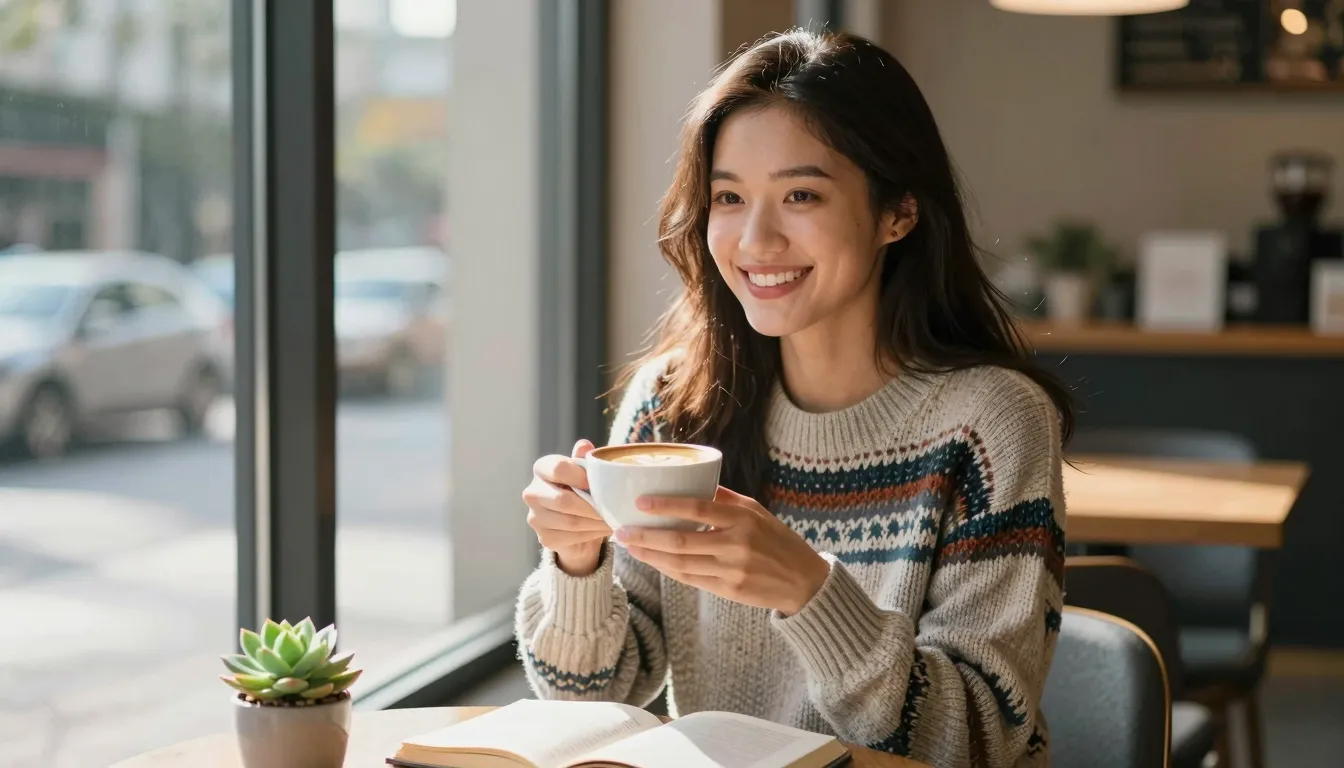 A young woman with a genuine smile, holding a latte art coff...