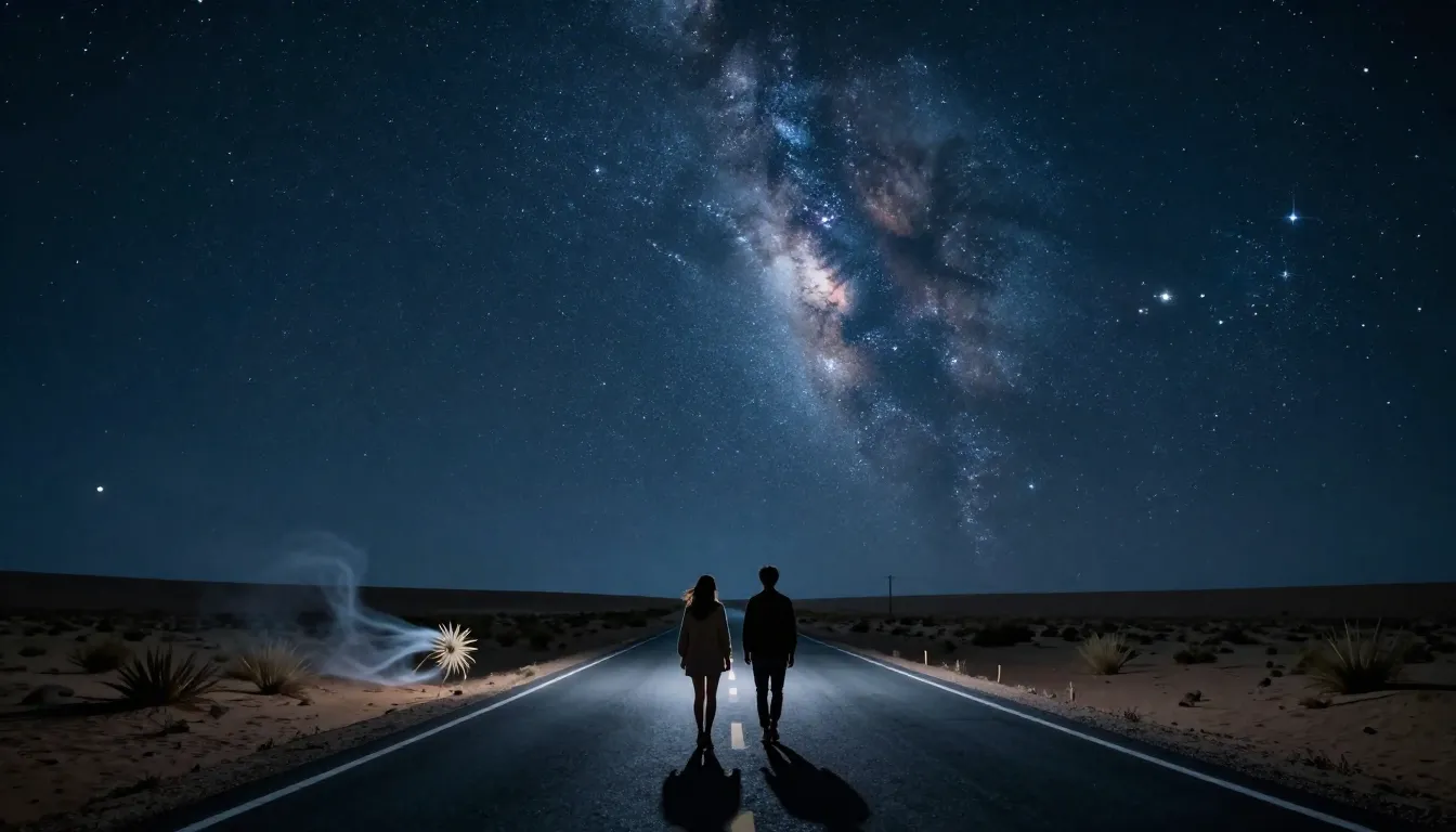 A realistic night scene on a desert highway. An enormous nig...