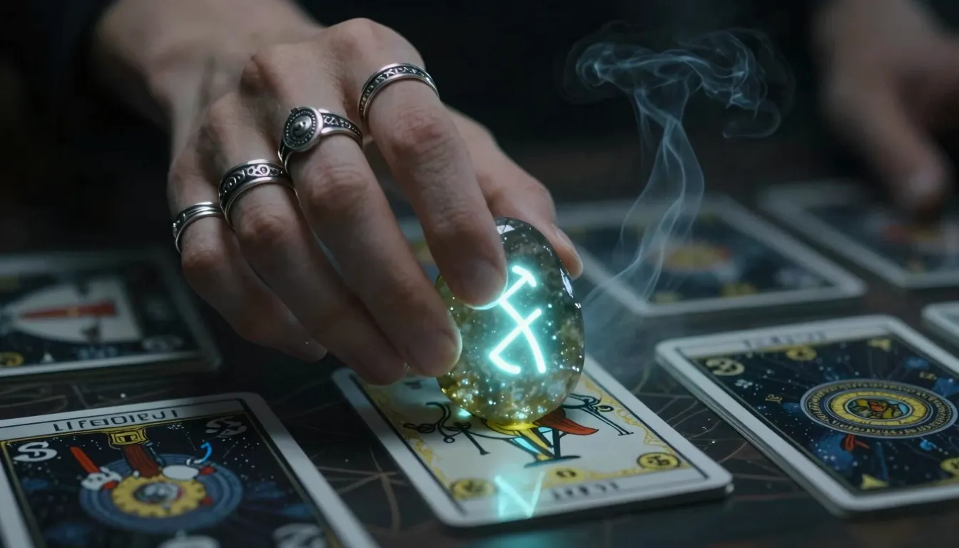 Close up of a hand with silver rings holding a glowing ancie...