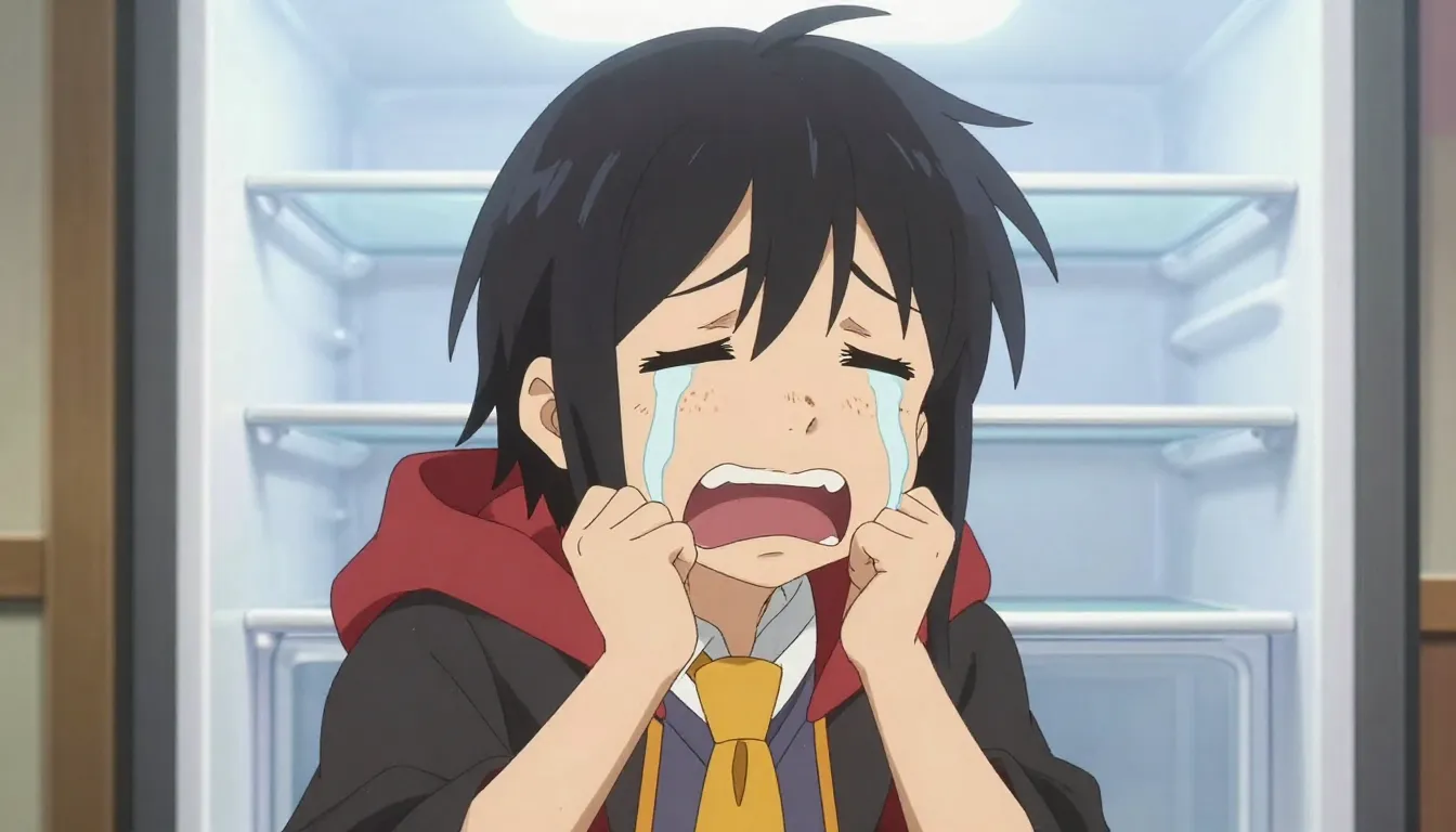 Anime panel, a young wizard crying comically, empty refriger...