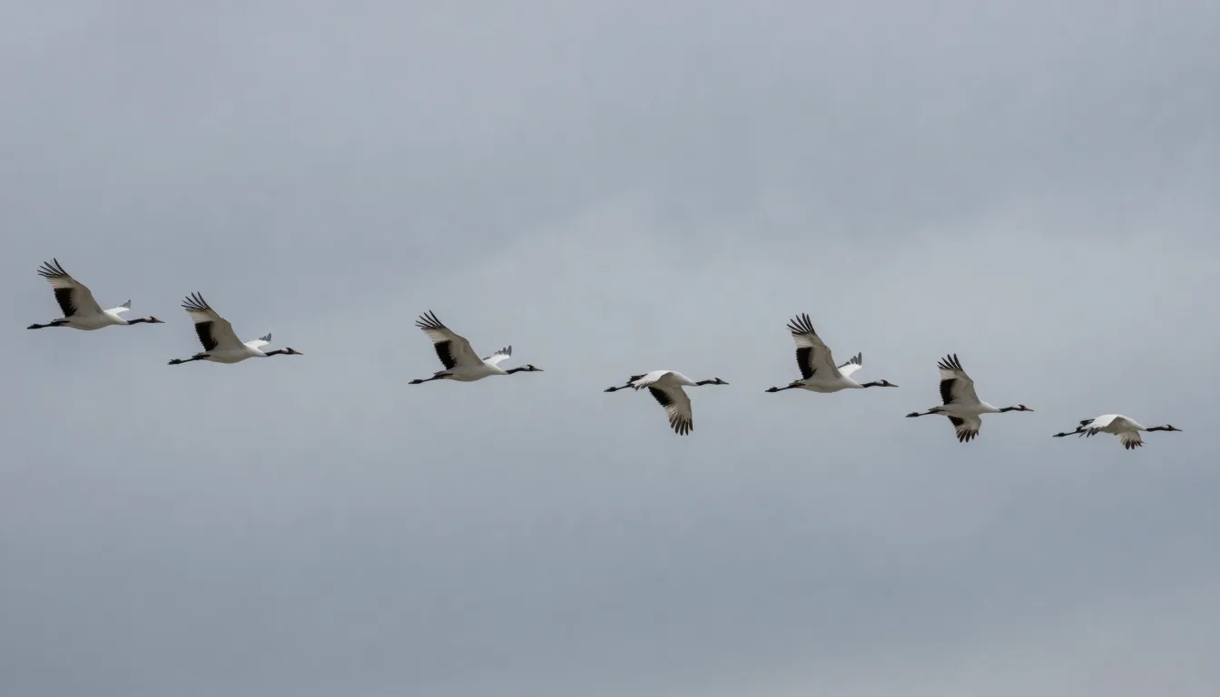 A flock of Siberian white cranes flying in a perfect V-forma...
