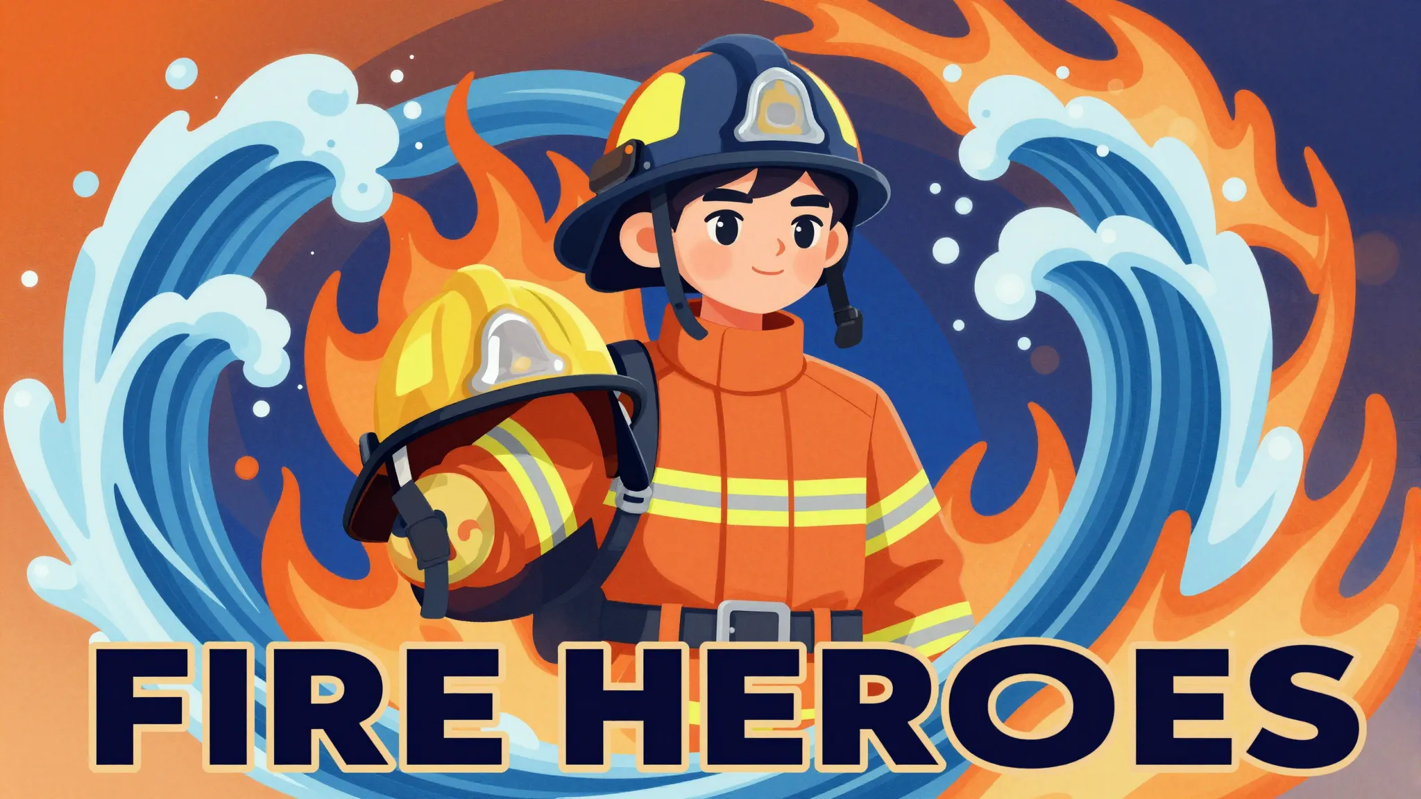Digital illustration of a brave young firefighter holding a ...