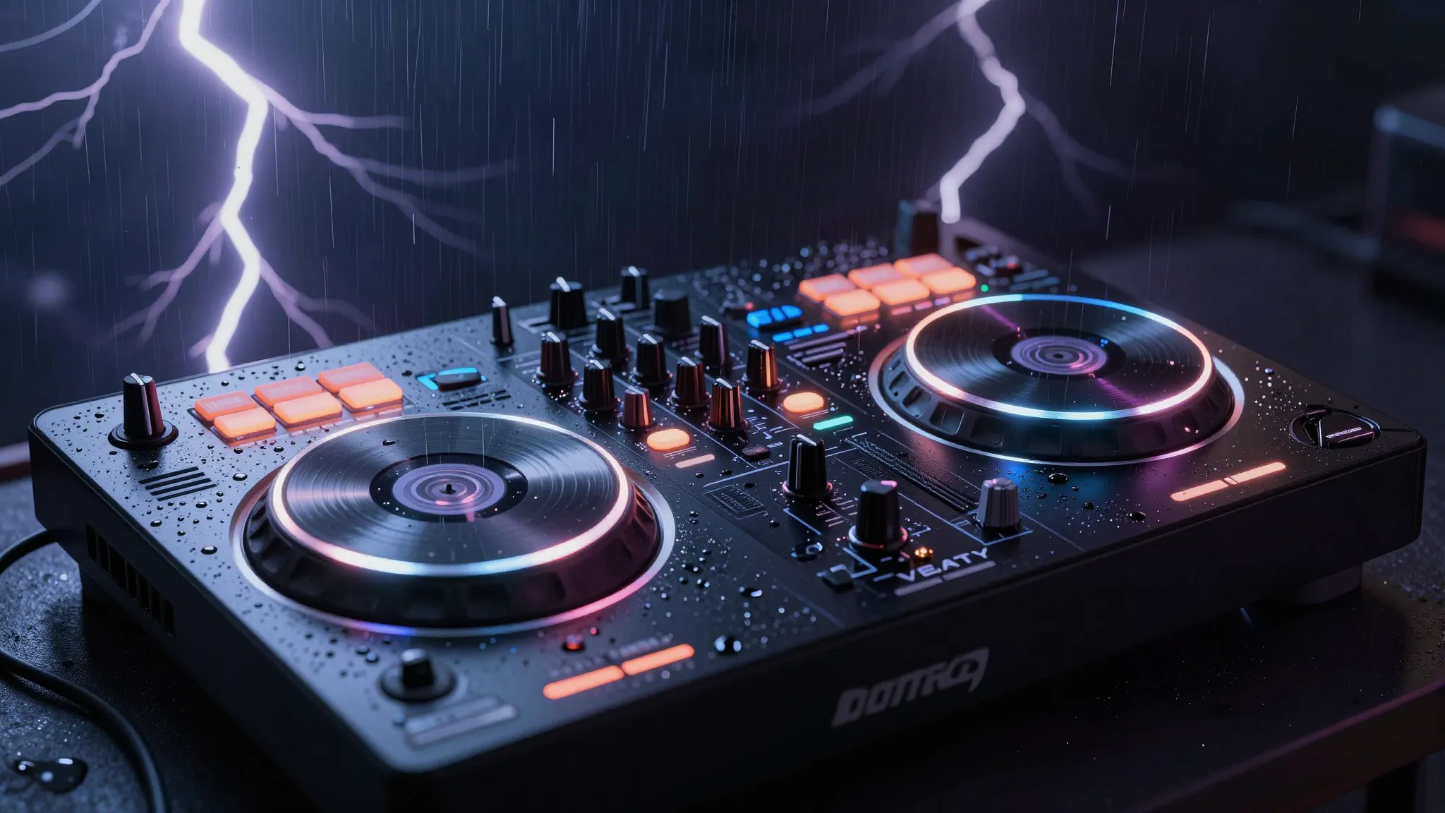A professional DJ controller with glowing neon lights, raind...
