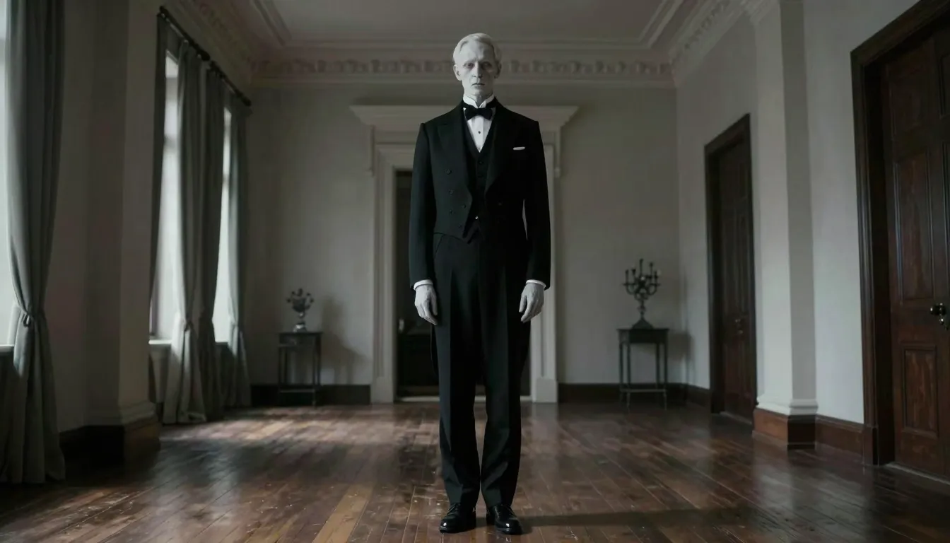 A tall, pale butler in a formal black suit standing in a gra...