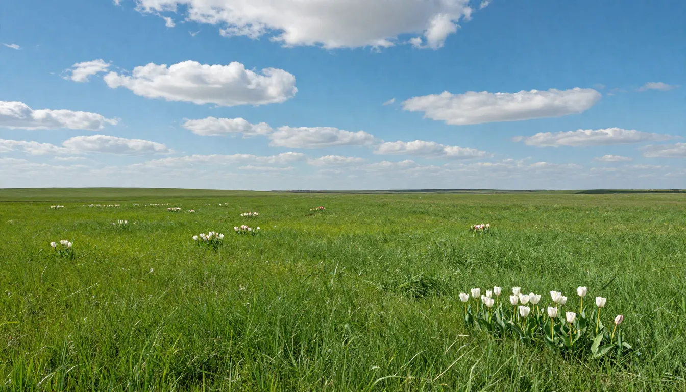A wide blooming steppe in spring, endless green grass and wi...