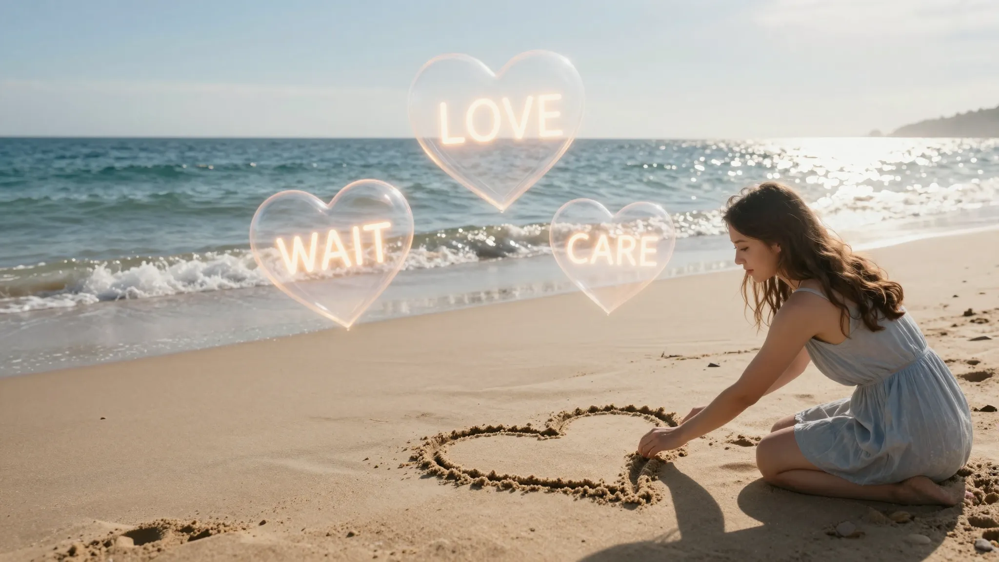 A sunny day at the ocean shore, a woman drawing a heart in t...