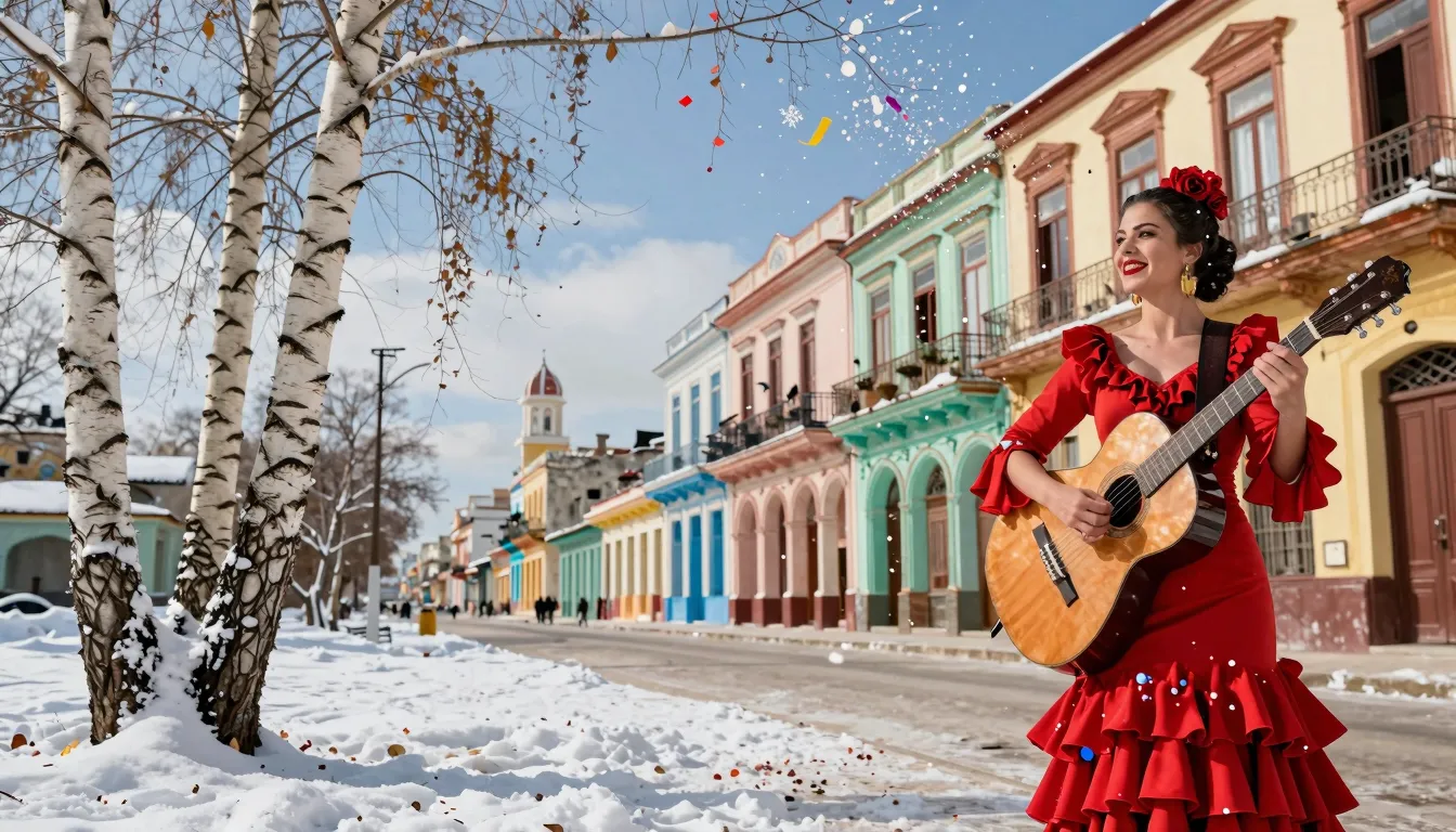 A vibrant collage where a snowy Russian winter landscape wit...