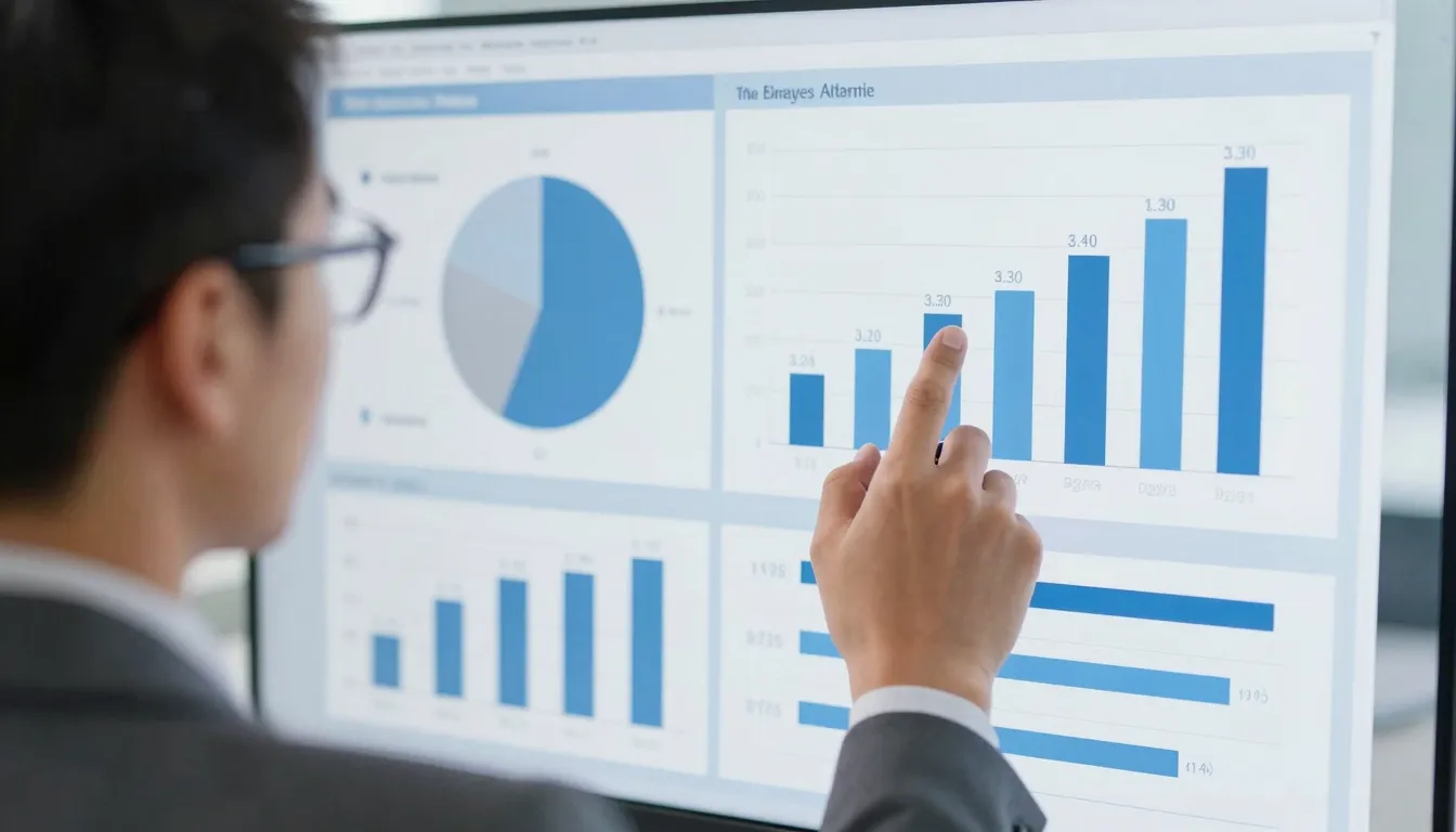 A professional person analyzing data charts on a transparent...