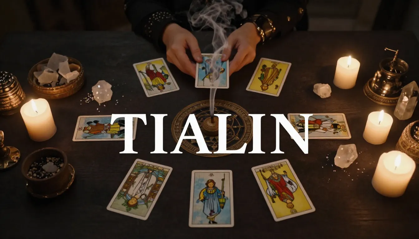 Top view of a mystic's table for streaming, tarot cards, bur...