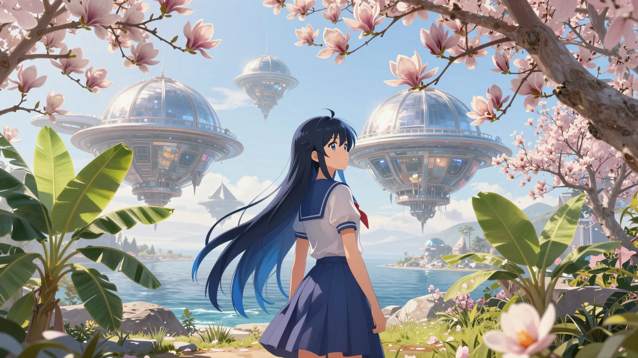 Low angle shot of Sakura-chan with long blue-black hair stan...