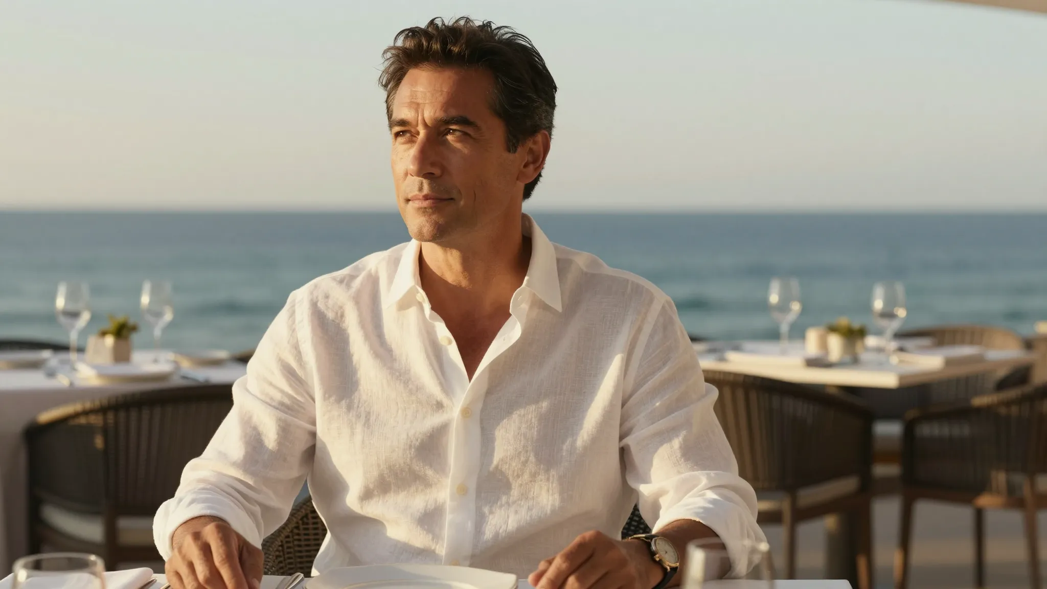 A sophisticated 49-year-old man in a white linen shirt sitti...