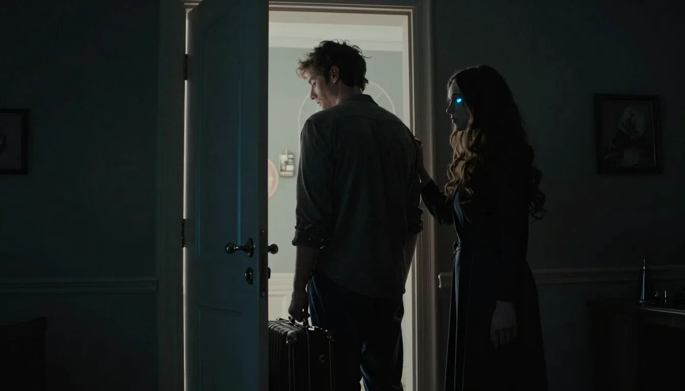 A dramatic scene of a man standing at an open door with a su...