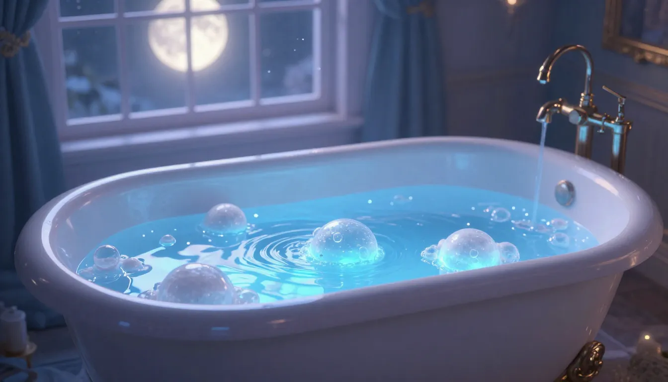 A magical bathtub filled with blue glowing water and bubbles...