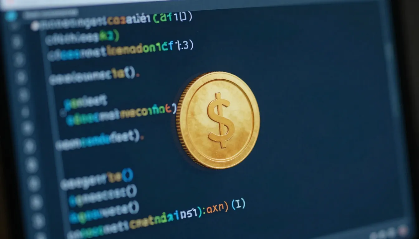 A close-up of a computer screen showing complex lines of cod...