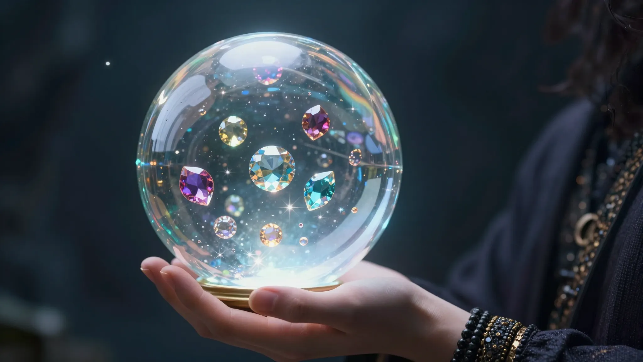 A mystical wizard's hand holding a glowing transparent cryst...