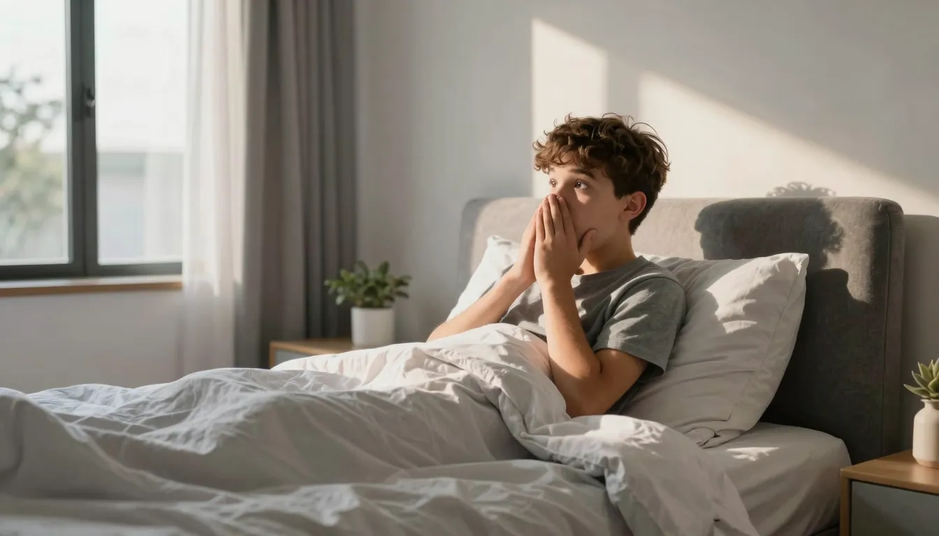 A 13-year-old boy waking up in a modern bedroom, looking rel...