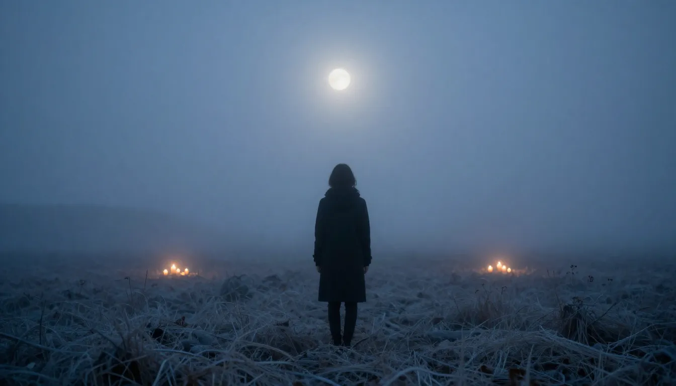 A lonely figure standing in a cold, misty landscape at twili...
