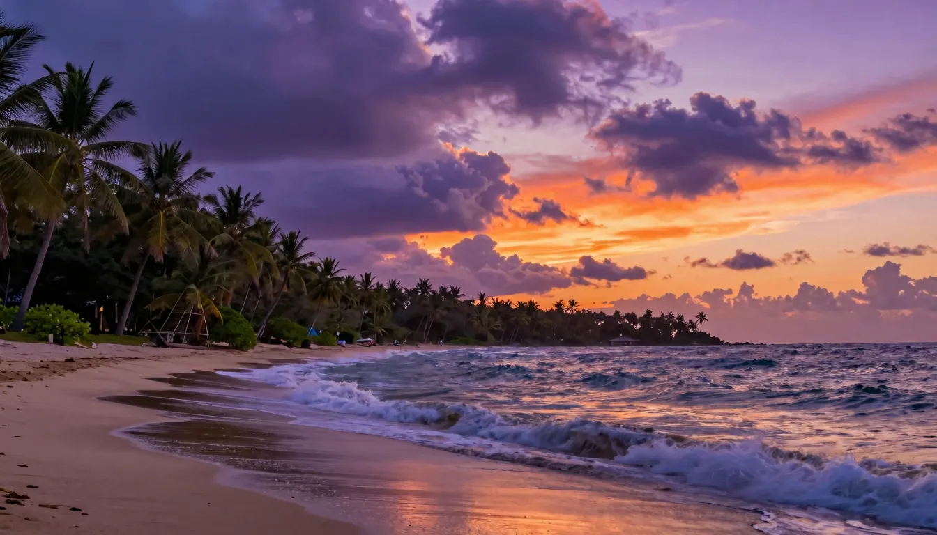 Vibrant tropical coastline at dusk. The sky is filled with l...