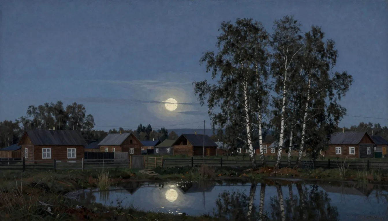 A wide-angle painting of a village at dusk. The moon is refl...