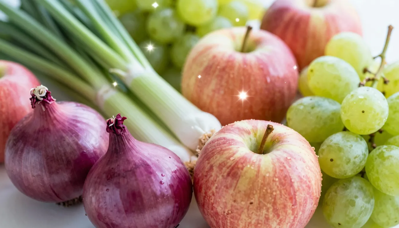 Close-up of fresh organic vegetables and fruits like red oni...