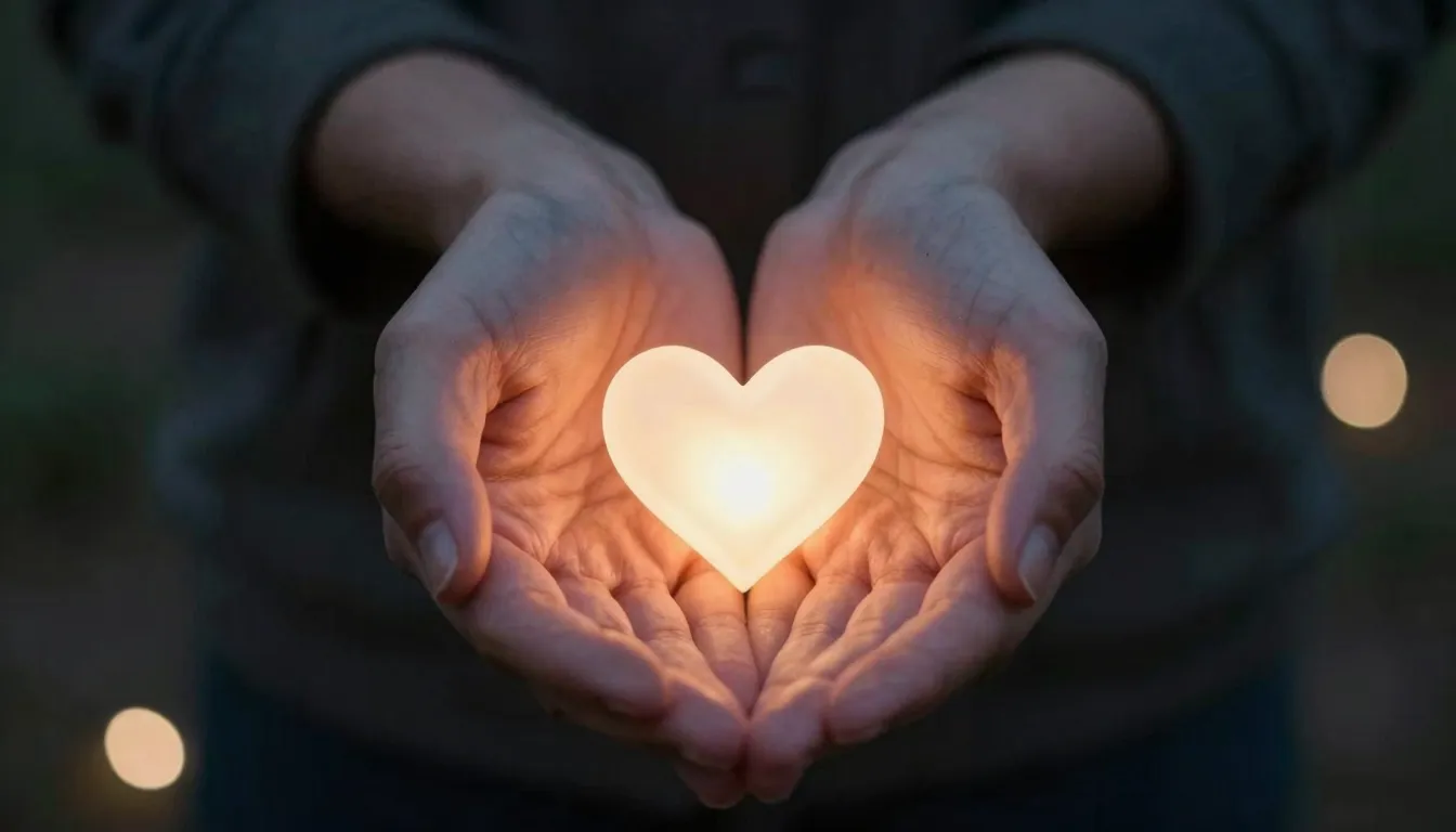 Hands holding a small glowing heart, symbolizing hope and un...