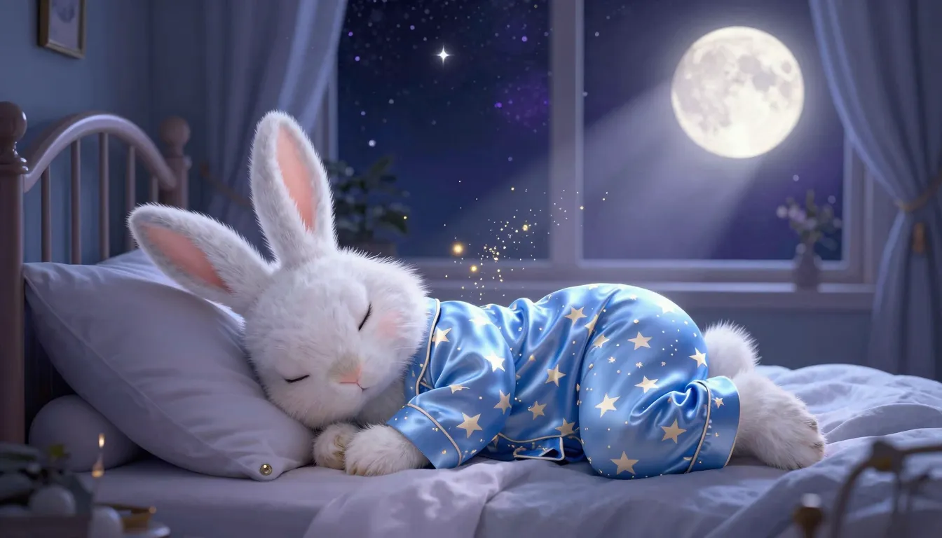 A fluffy white bunny in blue star-patterned silk pajamas sle...