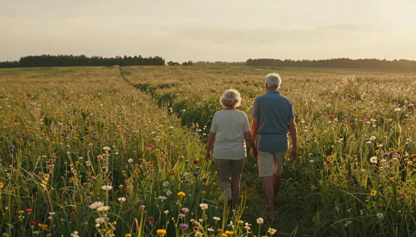 A wide-angle cinematic shot of an elderly couple walking han...