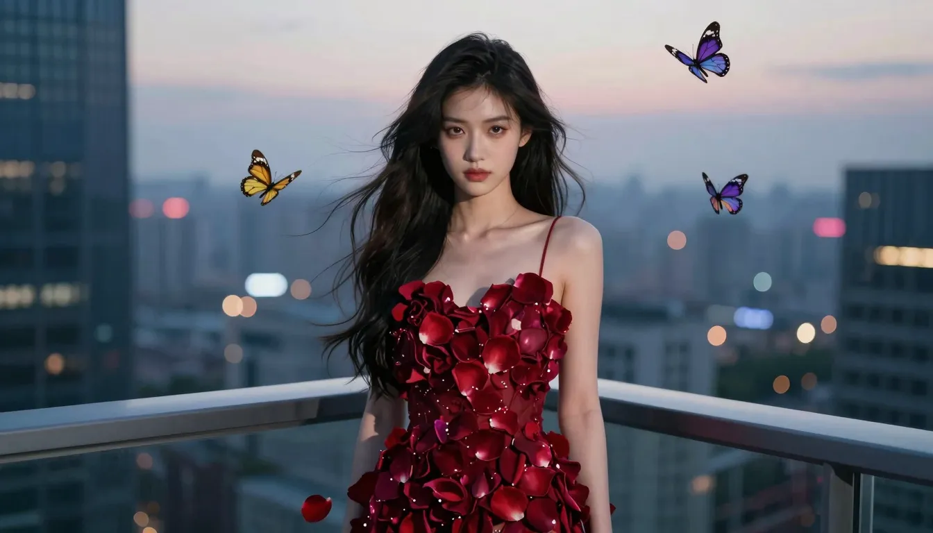 The same ethereal girl with long flowing hair, now standing ...