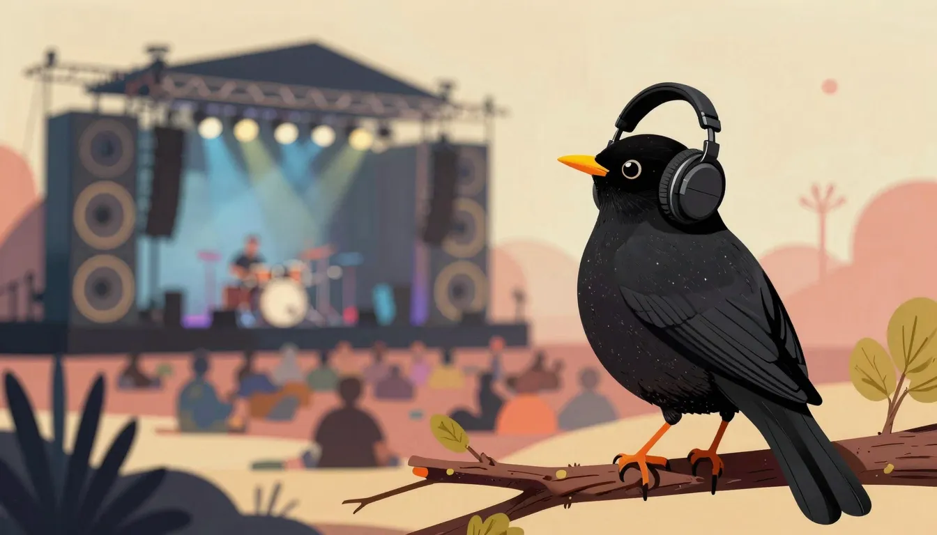 A surreal artistic illustration of a blackbird wearing headp...
