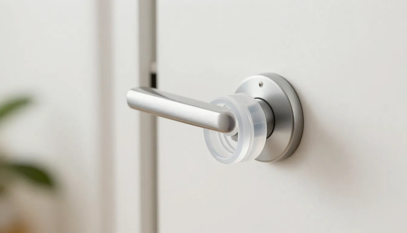 Close-up of a transparent double-ring silicone door handle s...