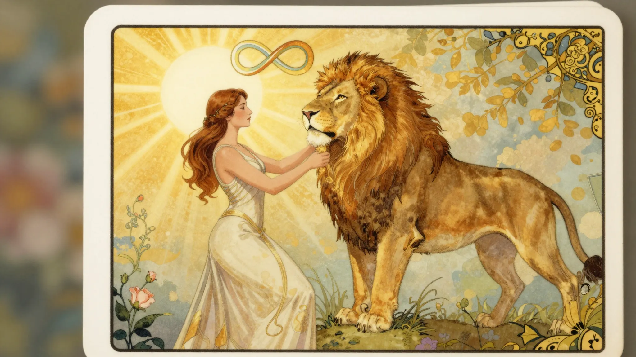 Tarot card illustration of a graceful woman calmly taming a ...