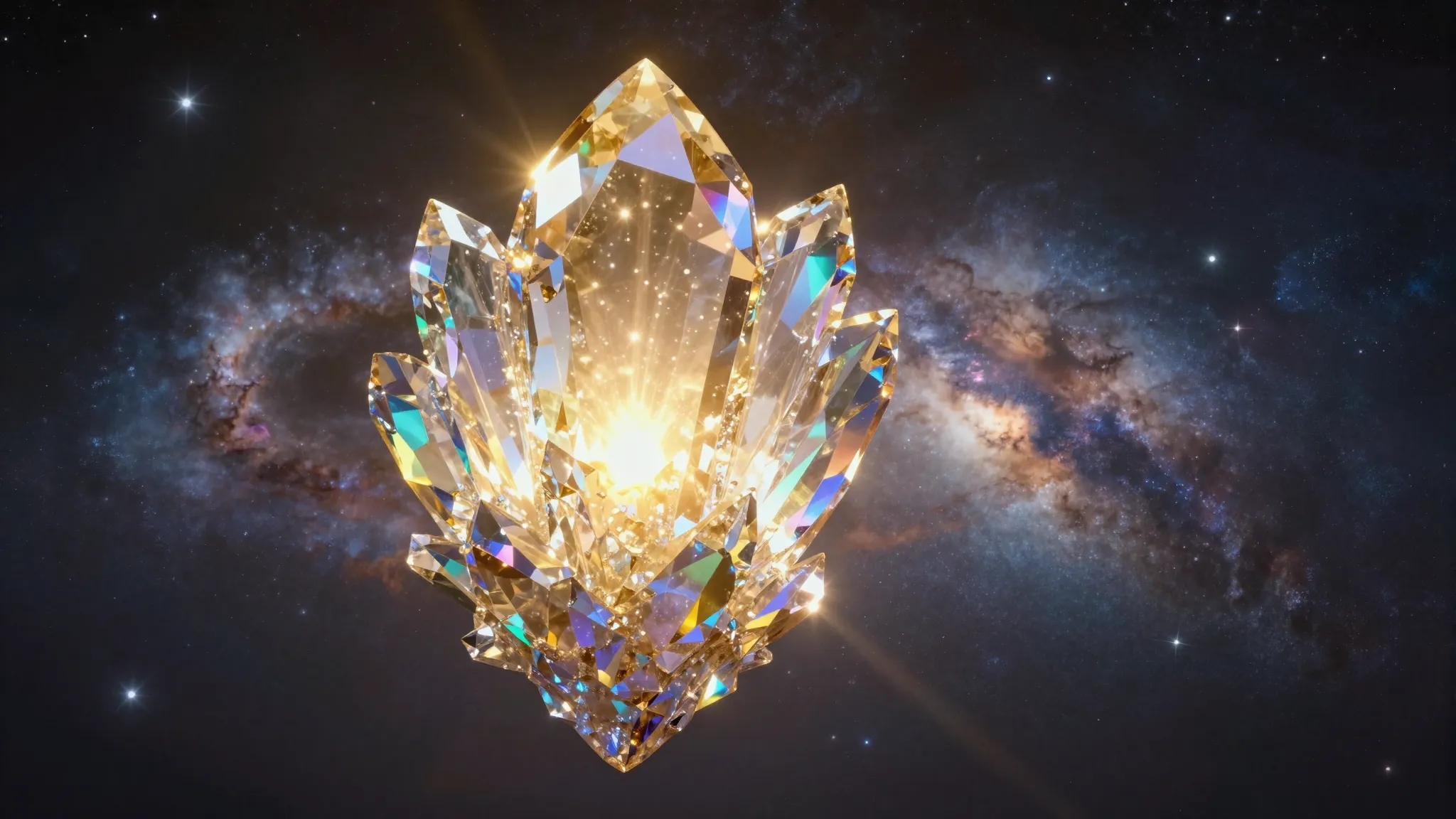A magnificent radiant crystal floating in a starry universe ...