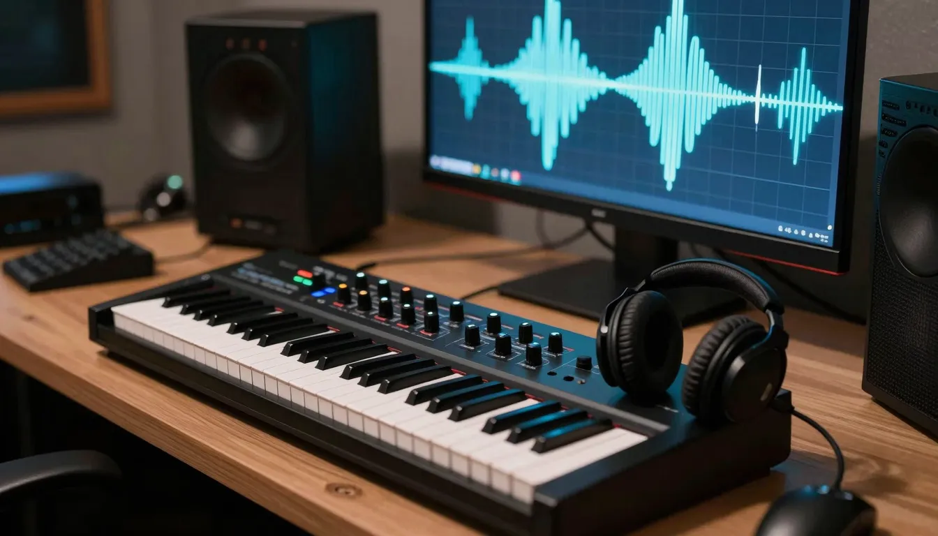 A professional music studio desk with a synthesizer, headpho...