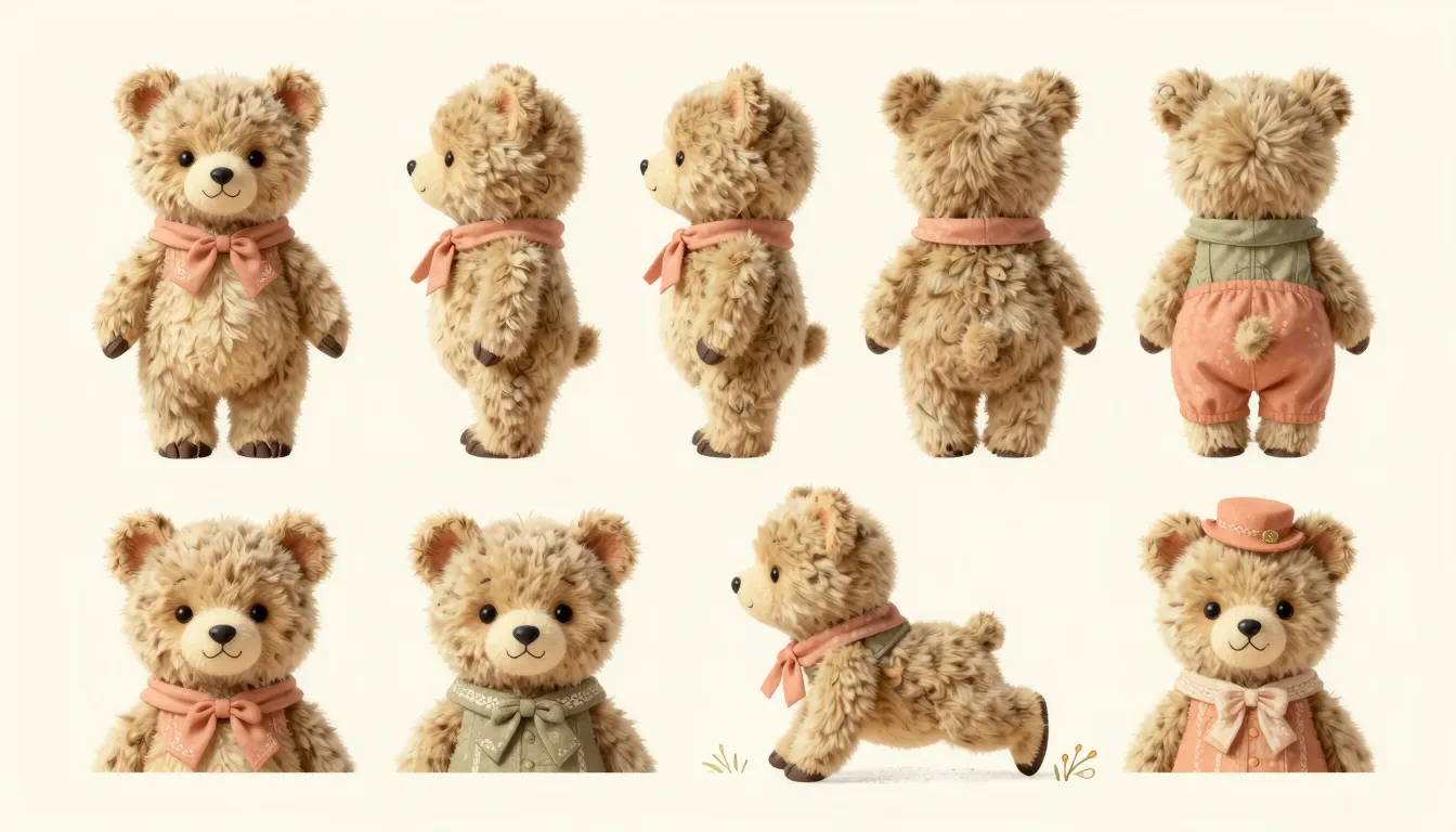 A character design sheet for a vintage-style plush bear masc...