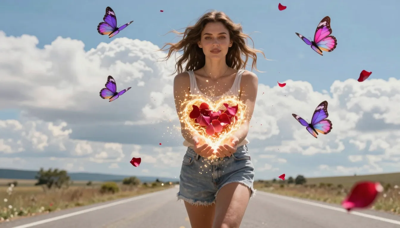A beautiful woman walking along a wide road towards the came...