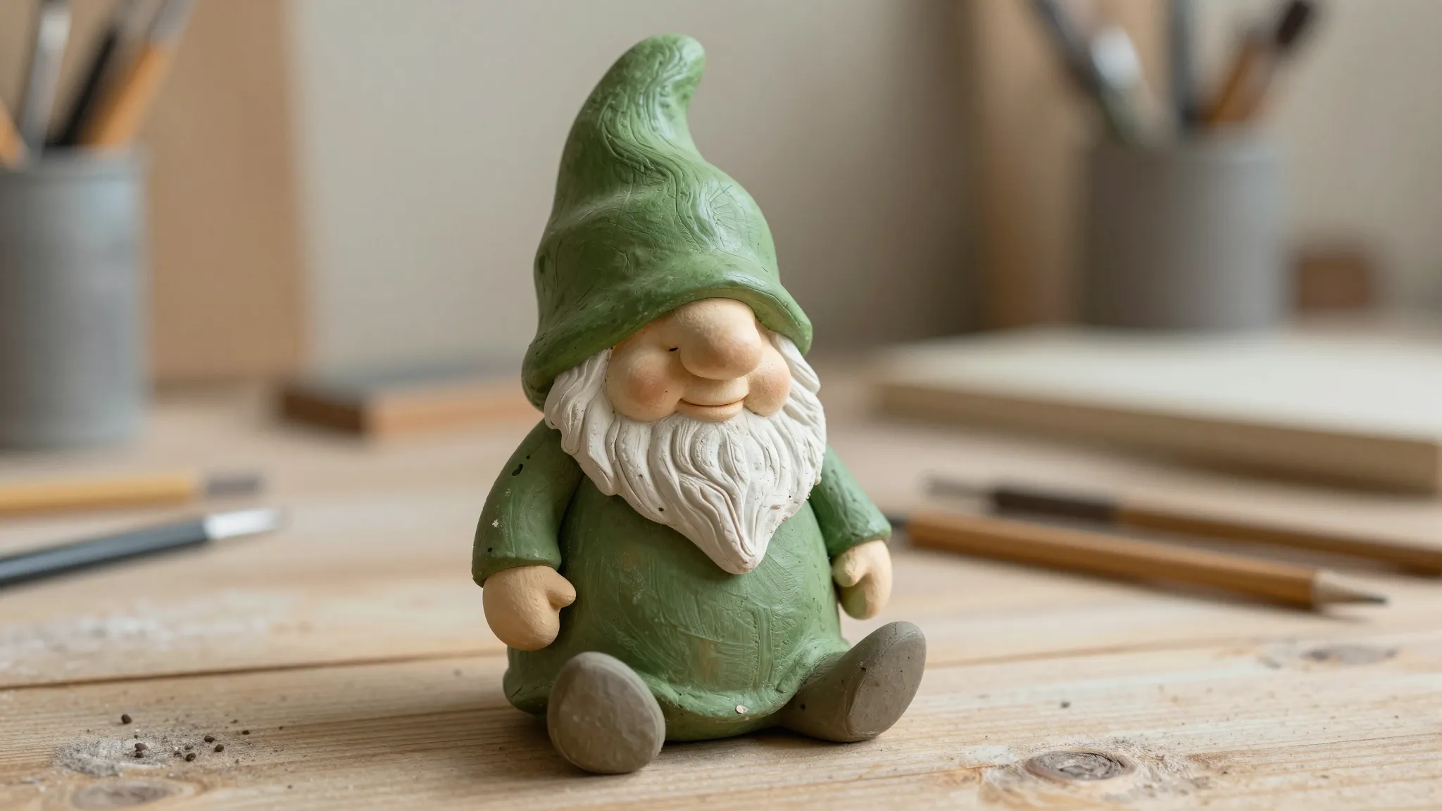 A charming, whimsical green gnome toy made in mixed media. T...