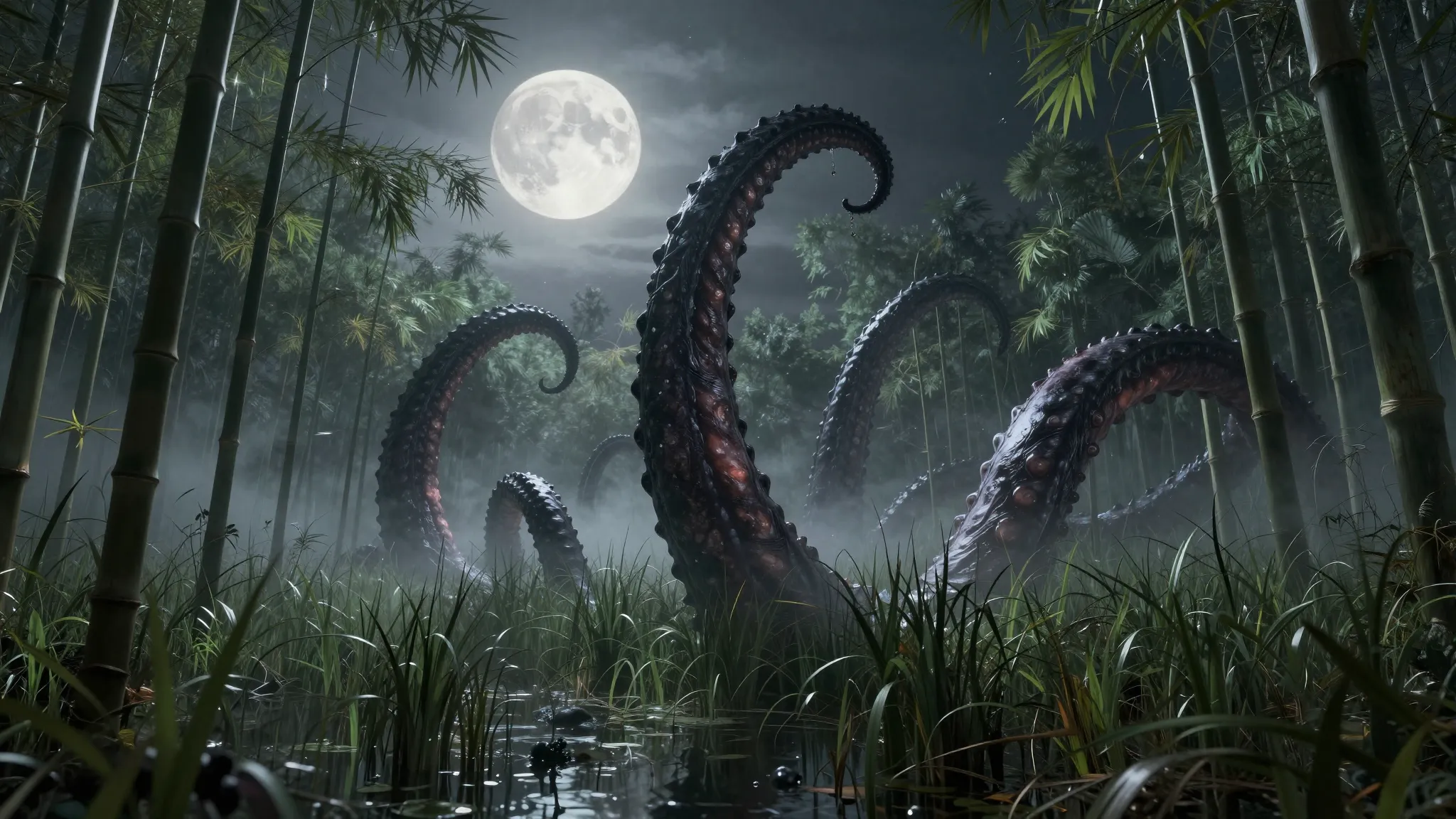 Cinematic shot of giant tentacles rising through tall swamp ...