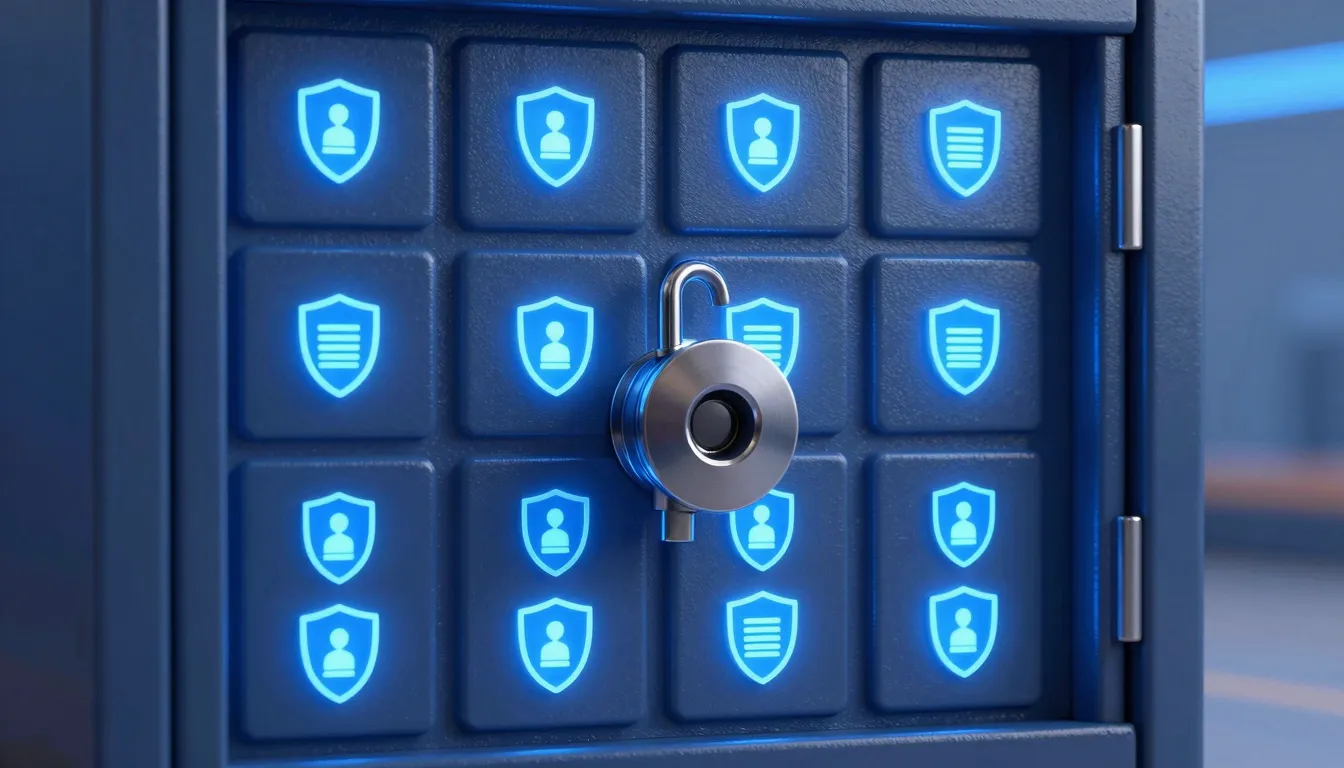 A secure digital vault with glowing blue locks and data prot...