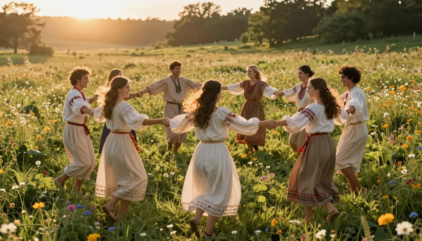 A group of joyful people in light, flowing clothes inspired ...
