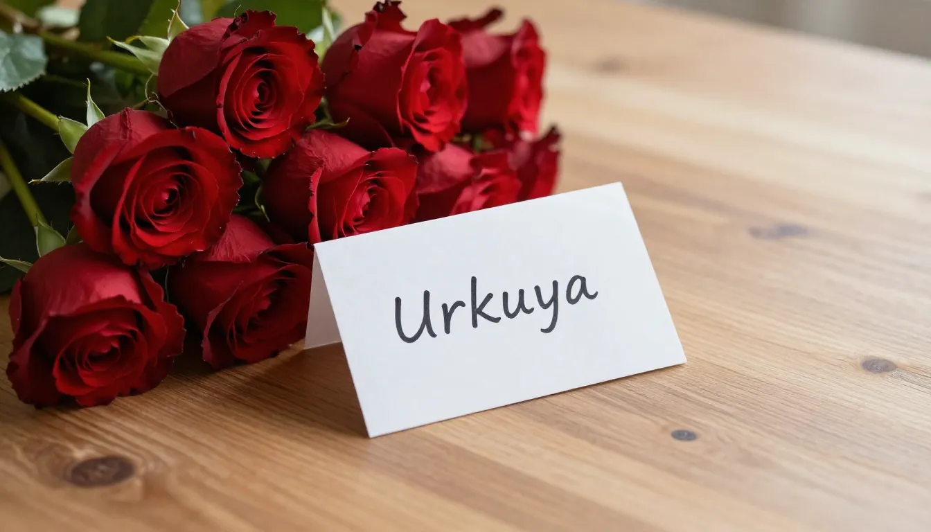 A beautiful bouquet of red roses and a small handwritten not...