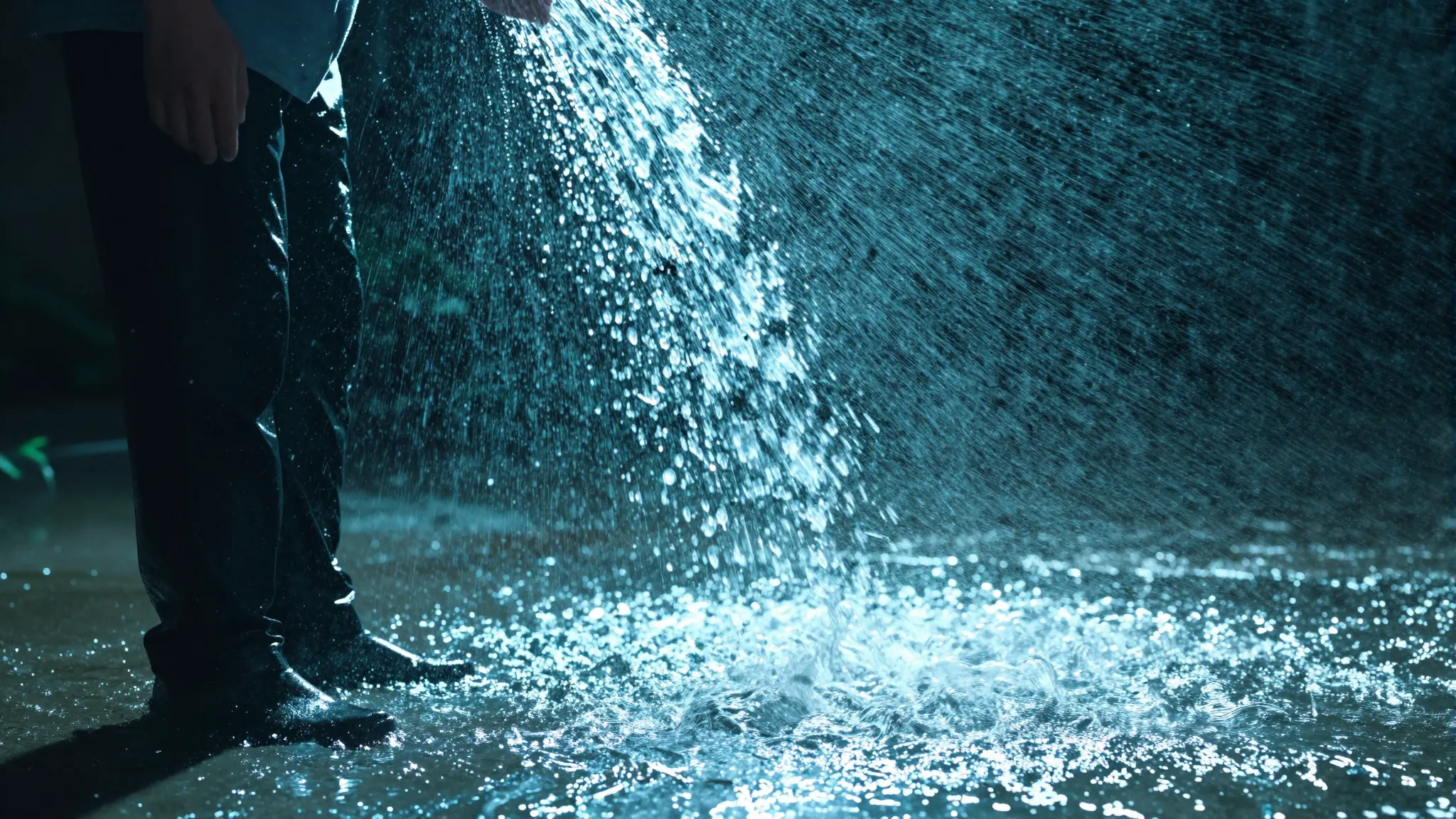 A person standing under a refreshing stream of water, drople...