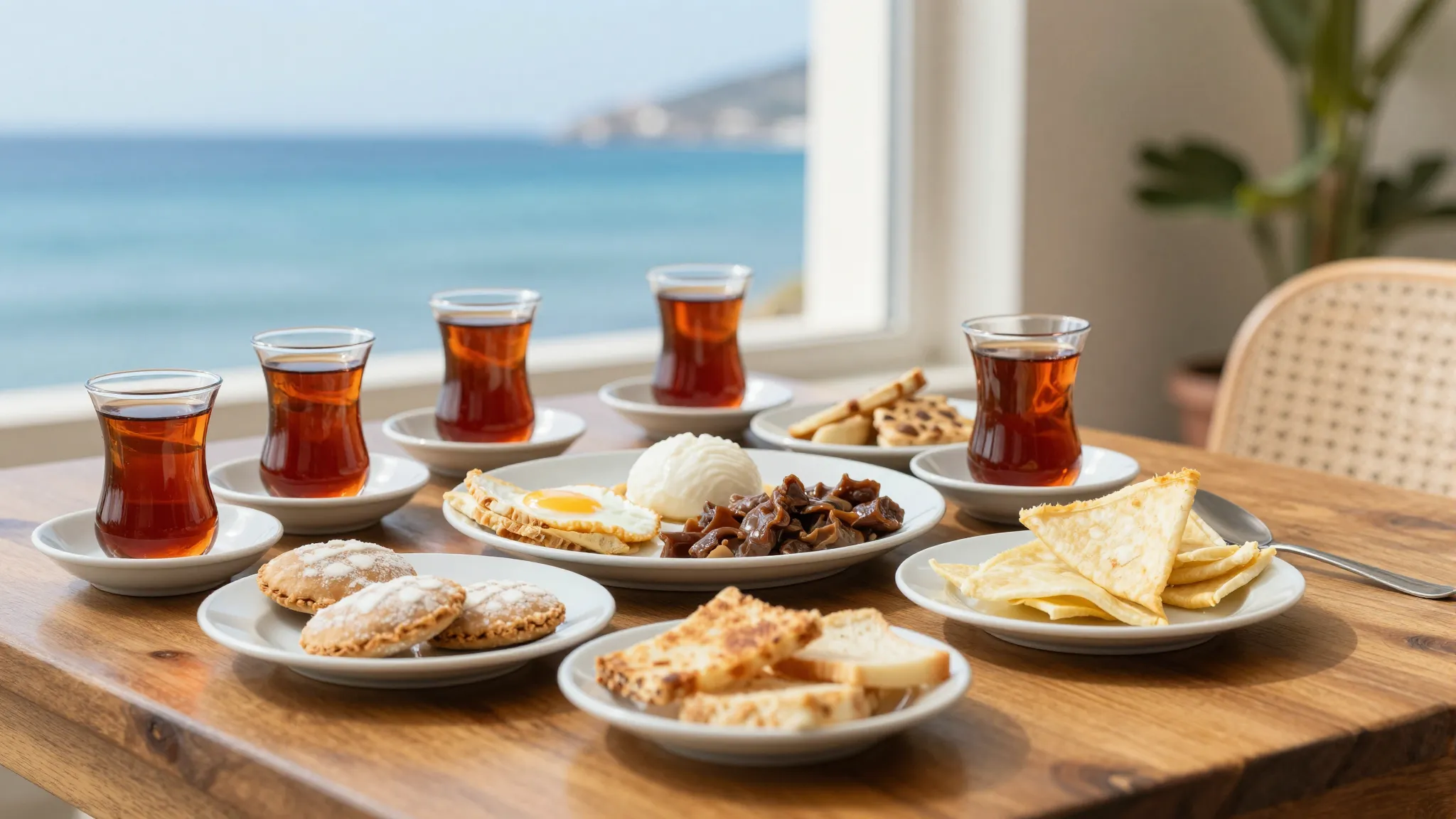 A cozy Turkish breakfast on a wooden table with tea in tulip...