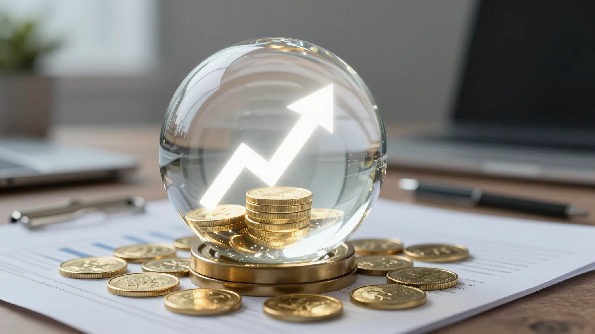 A magical crystal ball sitting on a desk with business docum...