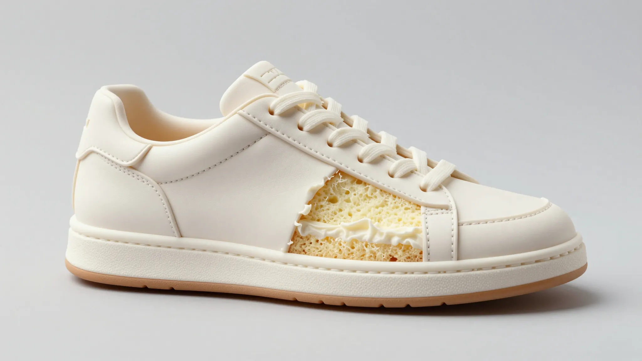 A hyper-realistic edible illusion of a designer leather snea...