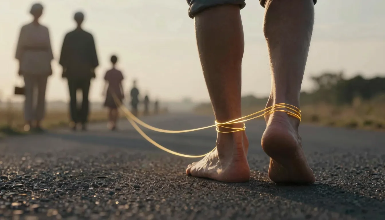 A conceptual artistic image showing a person's feet on a pat...